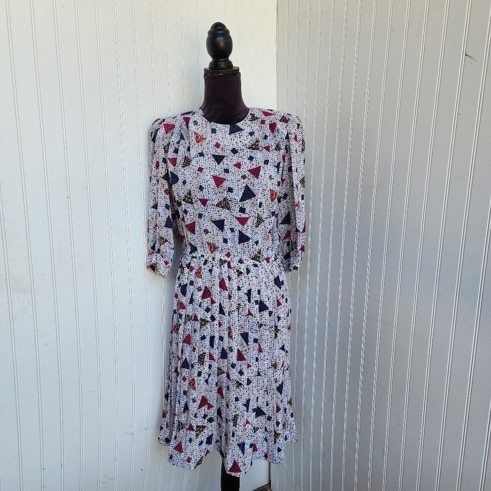 VTG Andrea Gayle Woman Geo Print Dress 3/4 Sleeve Pleated Multicolor Sz 8